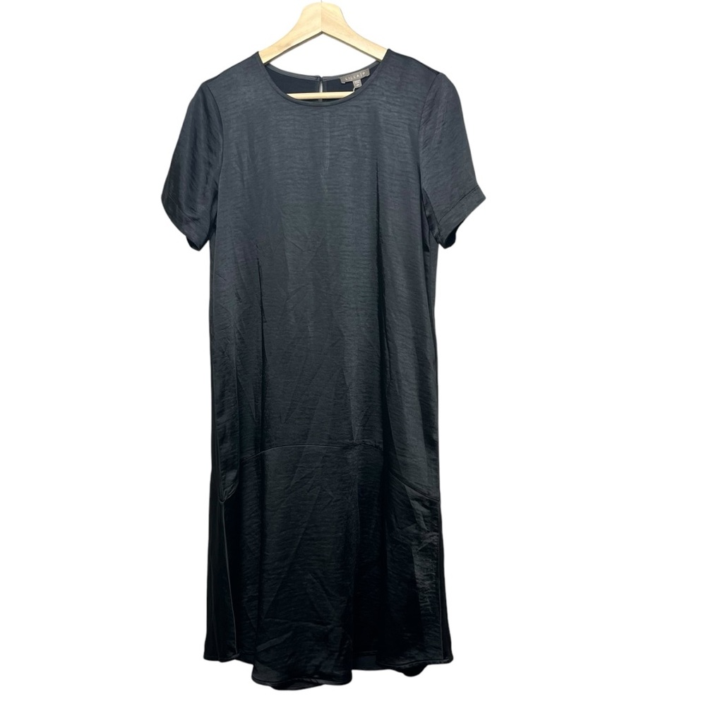 NEW Lilla P Black Satin Shift Midi Crew Neck Size XSmall‎